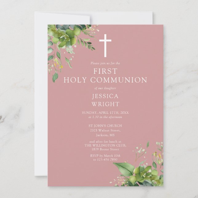 Dusty Rose Greenery Monogram First Holy Communion Invitation (Front)