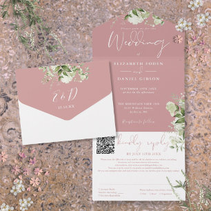 Dusty Rose Greenery Monogram QR Code Wedding All In One Invitation