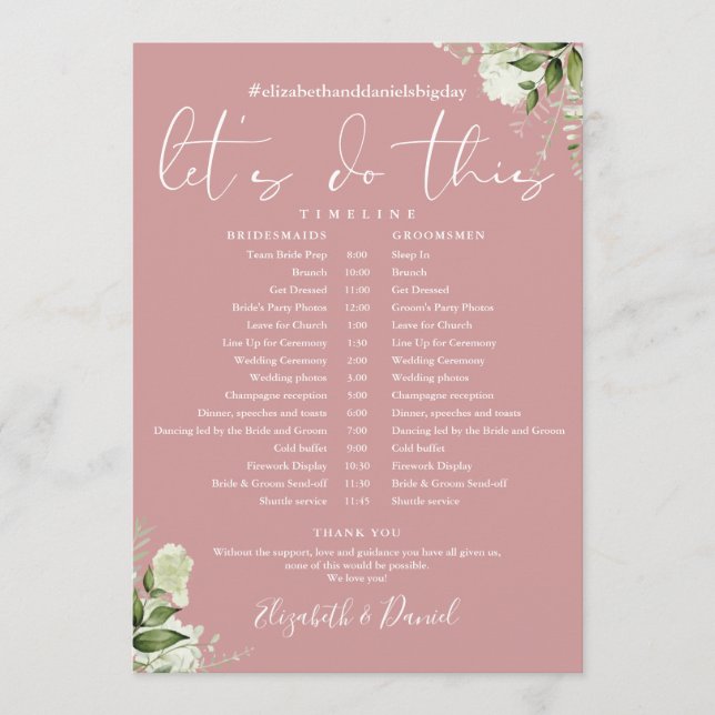 Dusty Rose Greenery Wedding Schedule Timeline Program (Front)