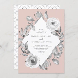 Dusty Rose Grey Floral Diamond Wedding Invitation