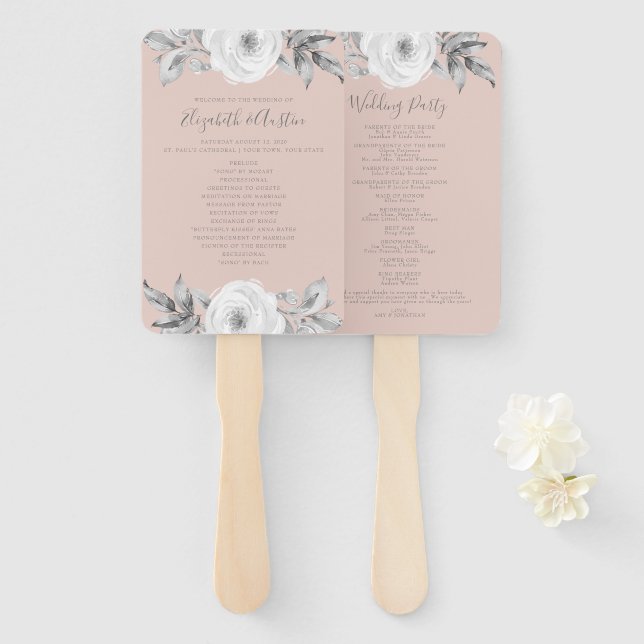 Dusty Rose Grey Floral Diamond Wedding Program Hand Fan (Front and Back)