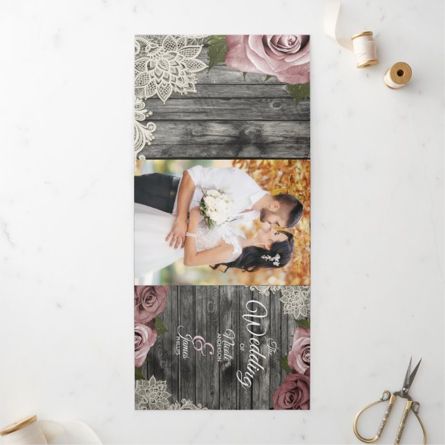 Dusty Rose Grey Wood Trifold Wedding Program (Outside)