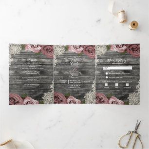 Dusty Rose Grey Wood Trifold Wedding Programme
