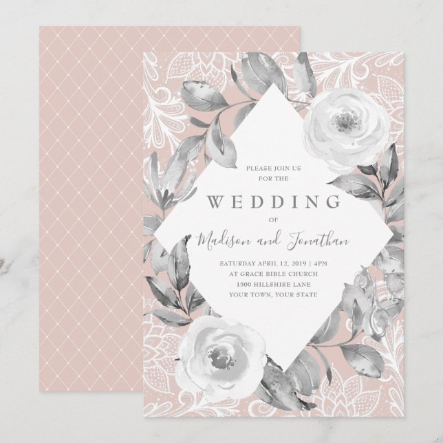 Dusty Rose gris floral Faire-part de mariage dente (Devant / Derrière)
