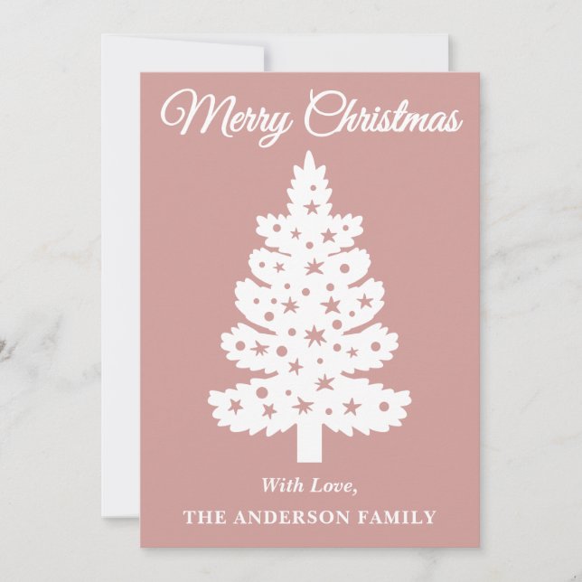 Dusty Rose Handwritten Script Christmas Tree Holiday Card (Front)