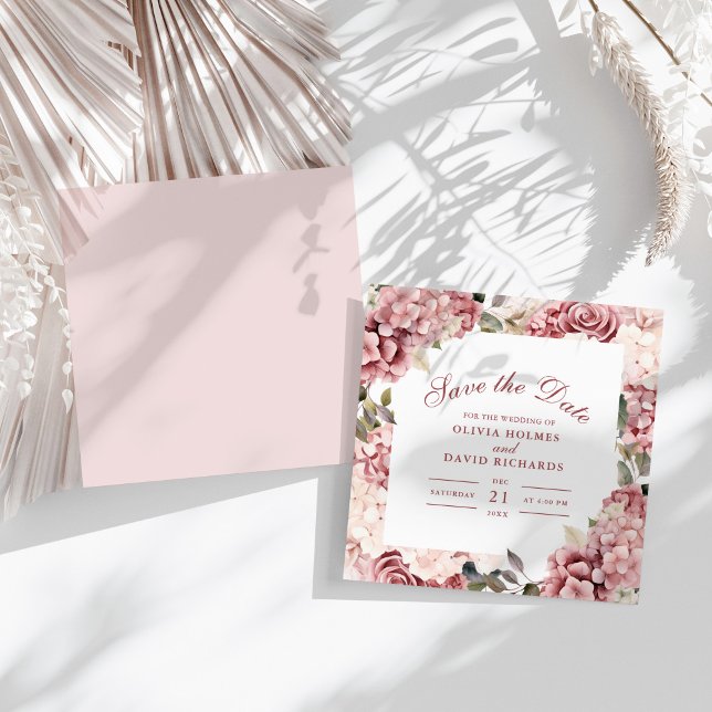 Dusty Rose Hydrangea Save the Date Card (Modern Dusty Rose Hydrangea Wedding Save The Date on a sunny boho white table.)