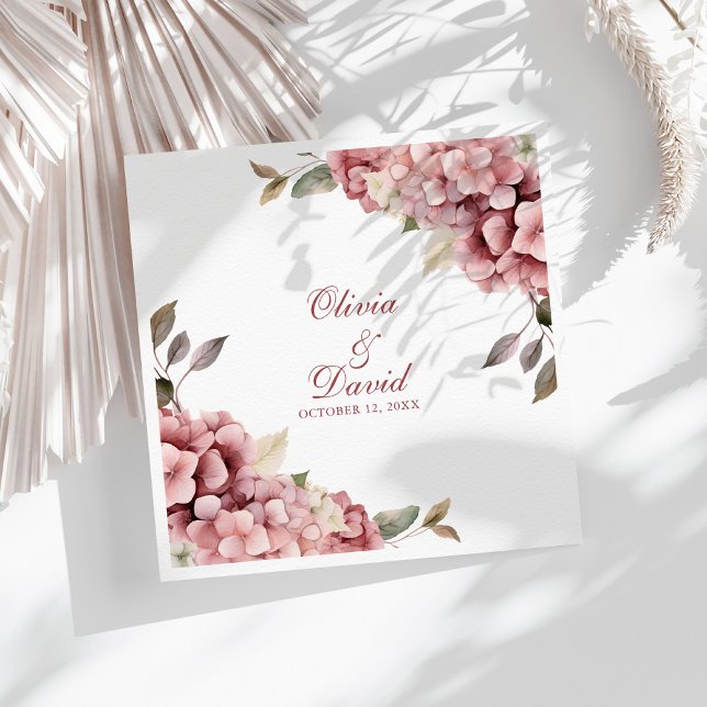 Dusty Rose Hydrangea Wedding Napkins  (Modern Elegant Dusty Rose Hydrangea Wedding Paper Dinner Napkins on a sunny white table.)