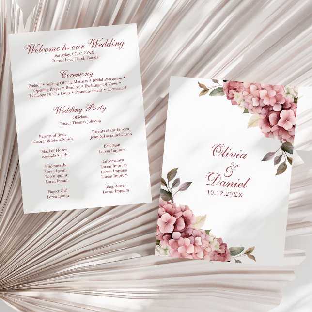 Dusty Rose Hydrangea Wedding Program Card (Modern Dusty Rose Hydrangea Wedding Program on a sunny neutral dry palm leaf.)