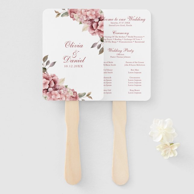 Dusty Rose Hydrangea Wedding Program Fan (Front and Back)