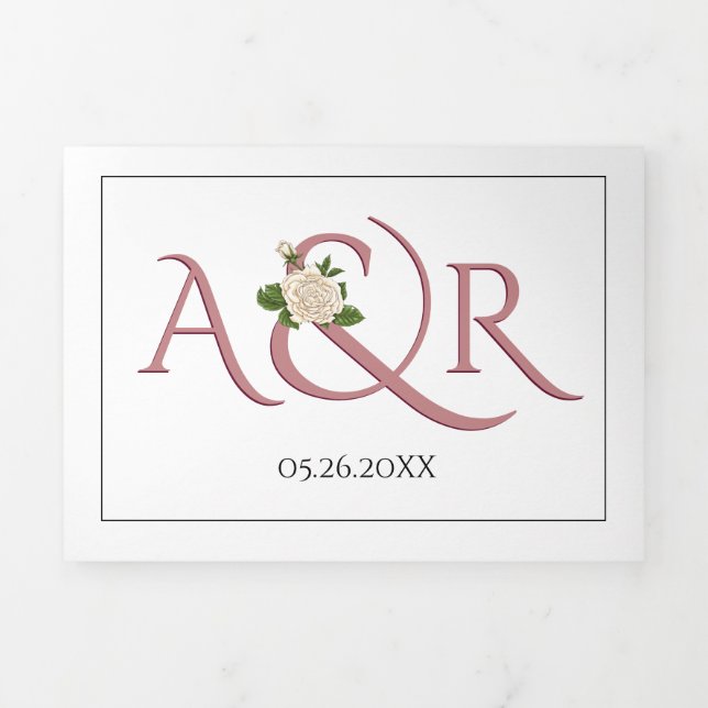 Dusty rose initials and ampersand, rose wedding Tri-Fold invitation (Cover)
