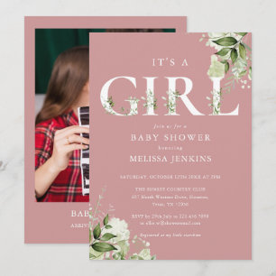 Dusty Rose Its A Girl Greenery Photo Baby Shower Invitation