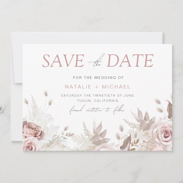 Dusty Rose & Ivory Boho Floral Blush Wedding Save The Date (Front)