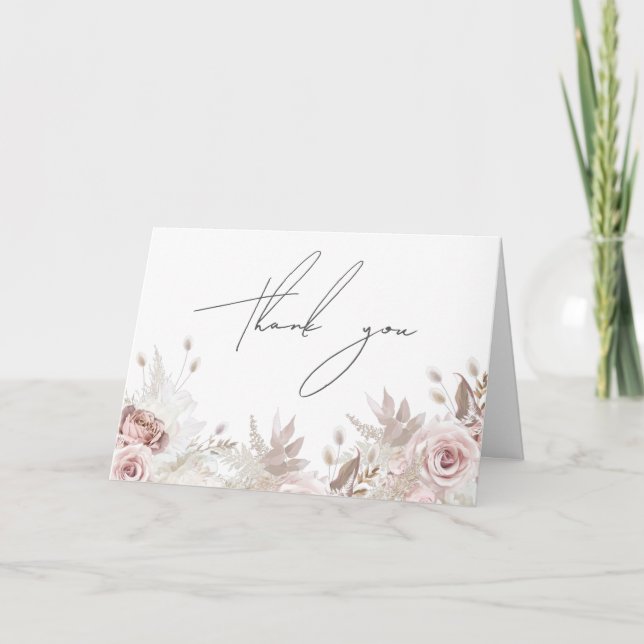 Dusty Rose & Ivory Boho Floral Blush Wedding Thank You Card (Front)