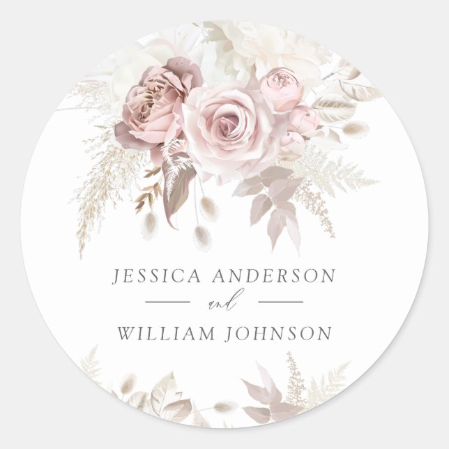 Dusty Rose & Ivory Floral Beautiful Wedding Classic Round Sticker (Front)