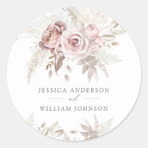 Dusty Rose & Ivory Floral Beautiful Wedding Large Classic Round Sticker