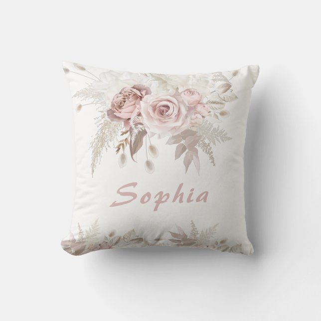 Dusty Rose & Ivory Floral Gift Birthday Name Throw Pillow (Front)