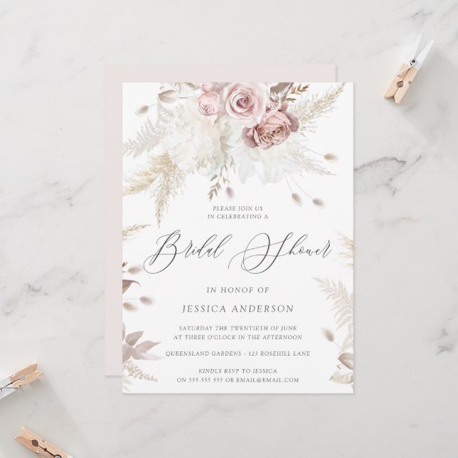 Dusty Rose & Ivory Floral Large Bridal Shower Invi Invitation (Front/Back In Situ)
