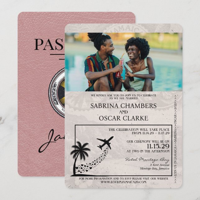 Dusty Rose Jamaica Passport Wedding Invitation (Front/Back)