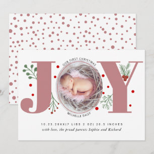 Dusty rose Joy First Christmas photo baby birth Announcement
