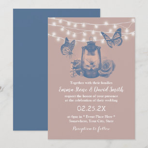 Dusty Rose Lantern & Butterflies Rustic Wedding Invitation