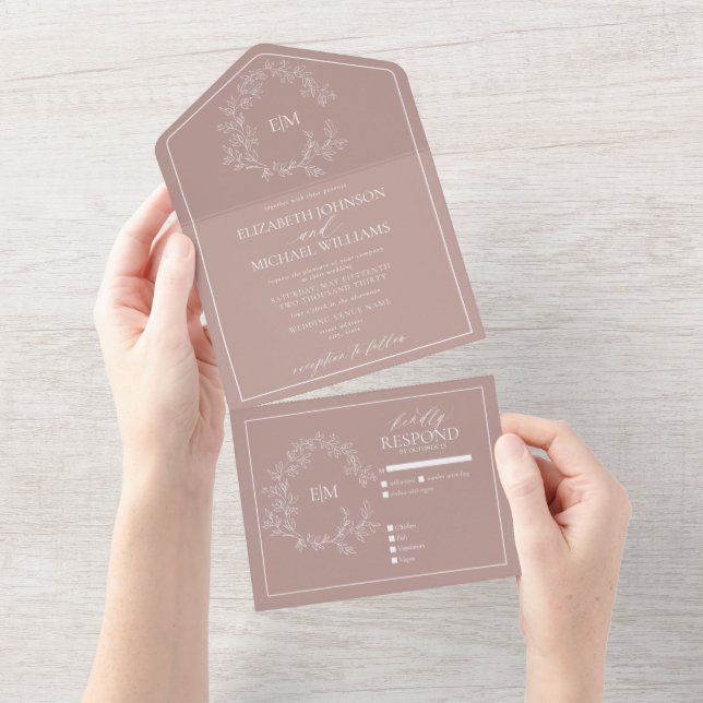 Dusty Rose Leafy Crest Monogram Wedding All In One Invitation (Tearaway)