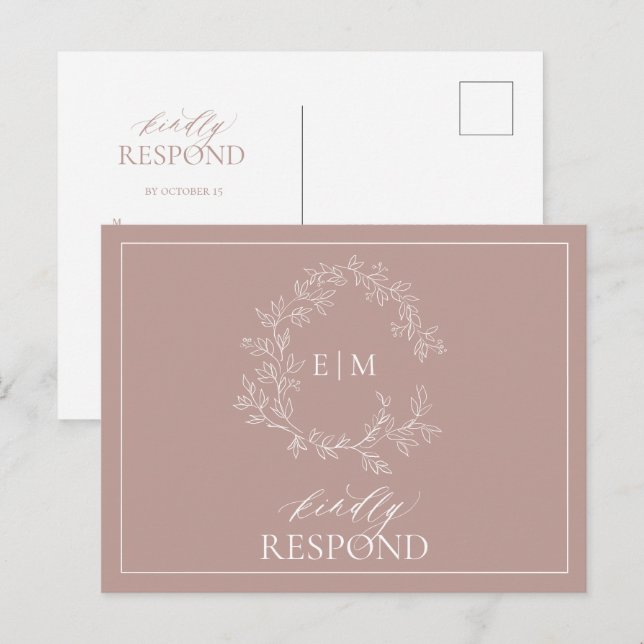 Dusty Rose Leafy Crest Monogram Wedding RSVP Invitation Postcard (Front/Back)