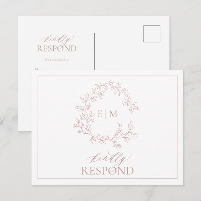 Dusty Rose Leafy Crest Monogram Wedding RSVP Invitation Postcard (Front/Back)