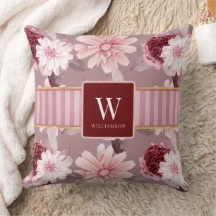 Dusty Rose Magenta Flowers Stripe Border Throw Pillow
