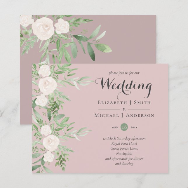 Dusty Rose Magnolia Sage Floral BUDGET WEDDING INV (Front/Back)