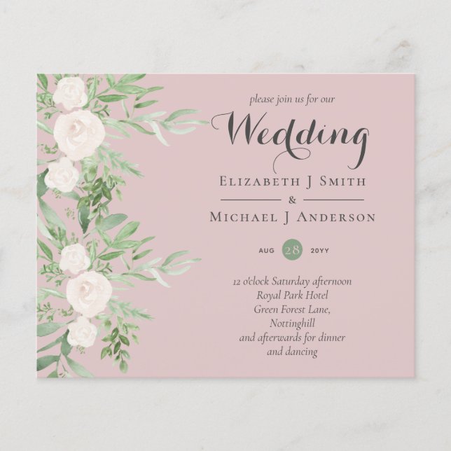 Dusty Rose Magnolia Sage Floral LOW BUDGET WEDDING Flyer (Front)