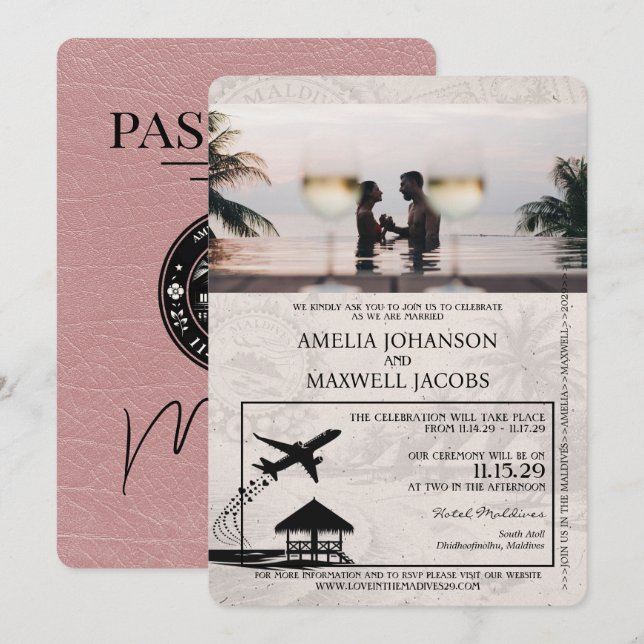 Dusty Rose Maldives Passport Faire-part de mariage (Devant / Derrière)
