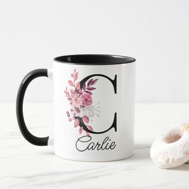 Dusty Rose Mauve Floral Letter C Monogram Mug (With Donut)
