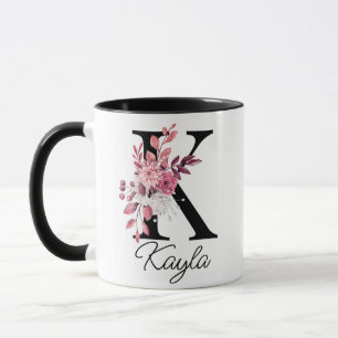 Dusty Rose Mauve Floral Letter K Monogram Initial Mug