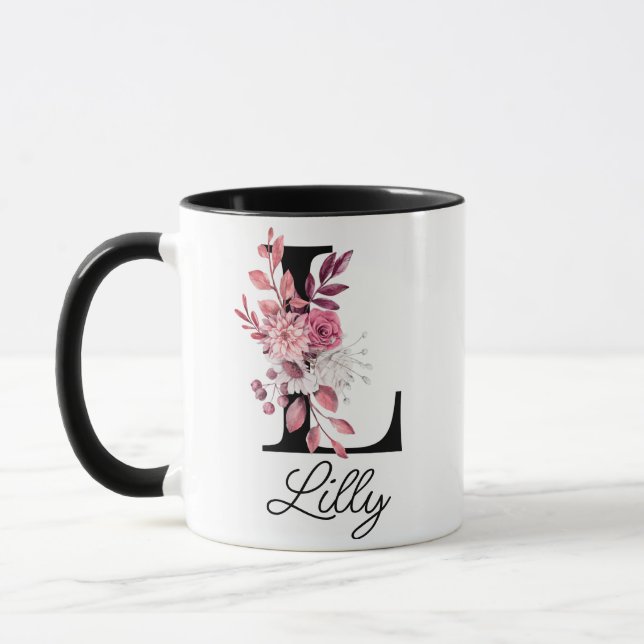 Dusty Rose Mauve Floral Letter L Monogram Initial Mug (Left)