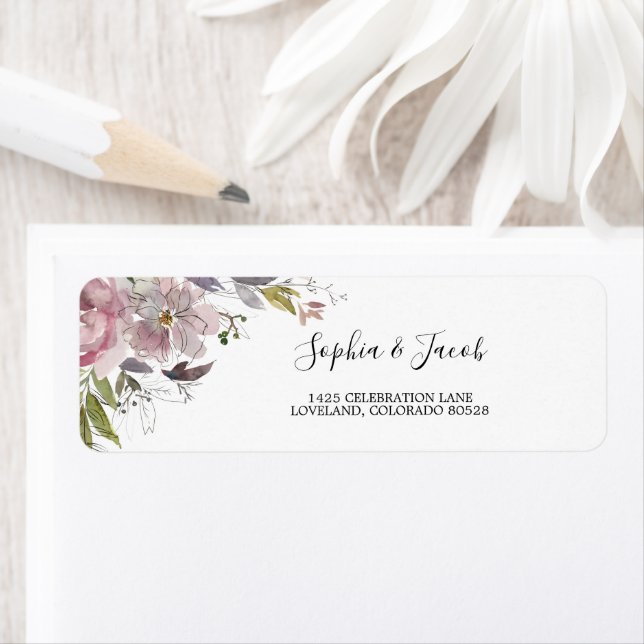Dusty Rose Mauve Floral Mariage Adresse de retour (En situation)