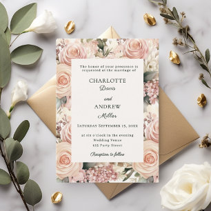 Dusty rose mauve ivory florals wedding invitation