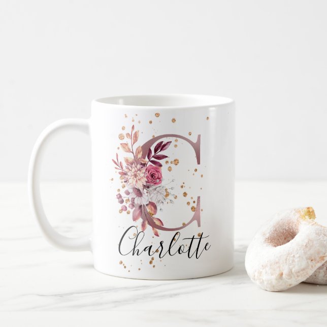 Dusty Rose Mauve Pink Floral Monogram Letter C Coffee Mug (With Donut)