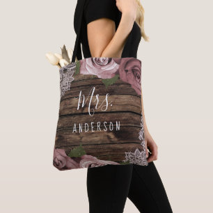 Dusty Rose Mauve Roses Floral Lace Wood Rustic Tote Bag