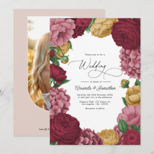 Dusty Rose, Merlot & Antique Gold Floral Wedding Invitation
