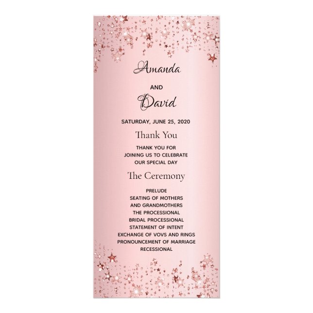 Dusty rose metallic stars pink wedding program (Front)