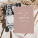 Dusty Rose Modern Elegance Photo Wedding Invitation<br><div class="desc">Minimalist,  modern wedding invitation featuring your wedding details in white lettering with calligraphy script accents with a dusty rose background or colour of your choice. The back of the trendy wedding invitation displays your vertical engagement photo. Designed to coordinate with our Modern Elegance wedding collection.</div>