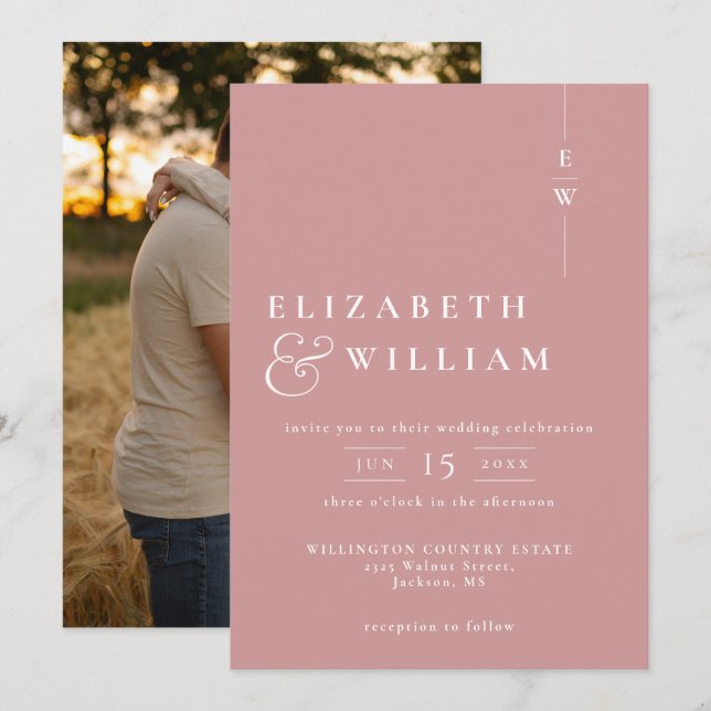 Dusty Rose Modern Elegant Monogram Photo Wedding Invitation (Front/Back)