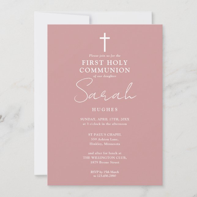 Dusty Rose Modern Minimalist First Holy Communion Invitation (Front)