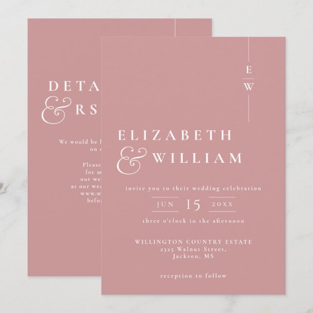 Dusty Rose Modern Monogram Wedding QR Code Invitation (Front/Back)