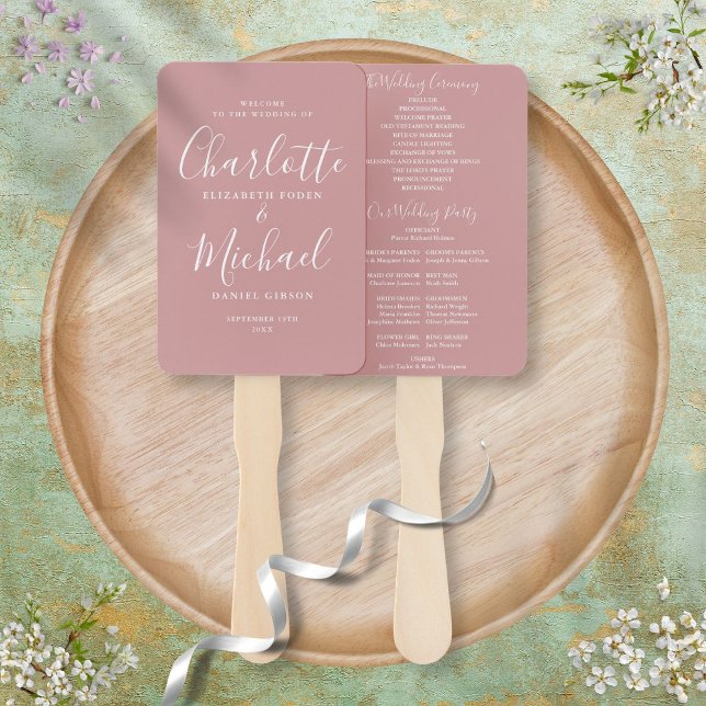 Dusty Rose Modern Script Wedding Program Hand Fan (Creator Uploaded)