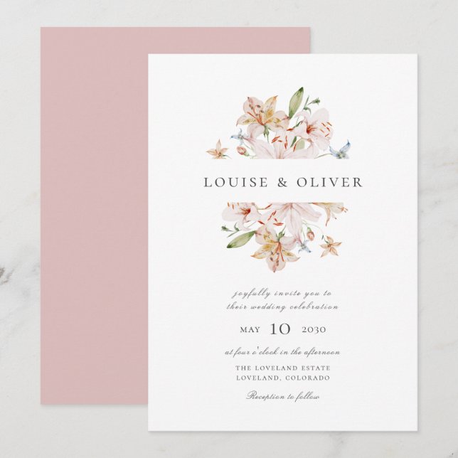 Dusty Rose Modern Watercolor Floral Lilies Wedding Invitation (Front/Back)