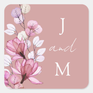 Dusty Rose Monogram Floral Wedding Favour Square Sticker