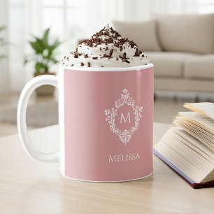 Dusty Rose Monogram in Vintage Crest & Name Pink Coffee Mug