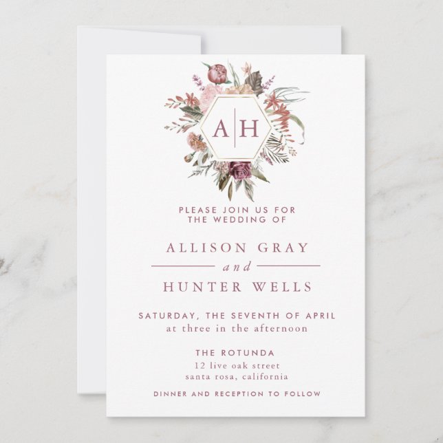 Dusty Rose Monogram Wedding Invitation (Front)