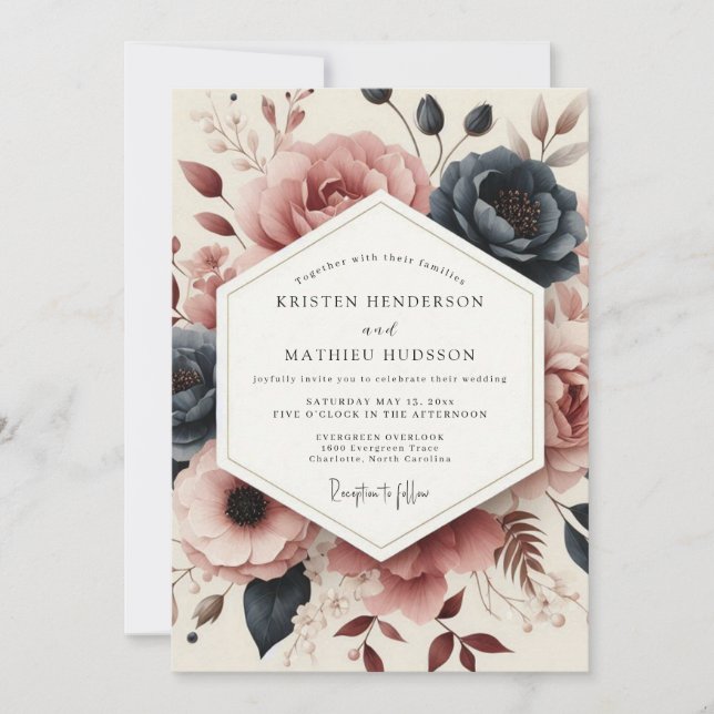 Dusty Rose Moody Bloom Wedding Invitation (Front)